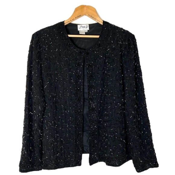 JMD New York Vintage Beaded Evening Open Jacket sz L Black Rich Grandma Sparkle - Picture 1 of 9
